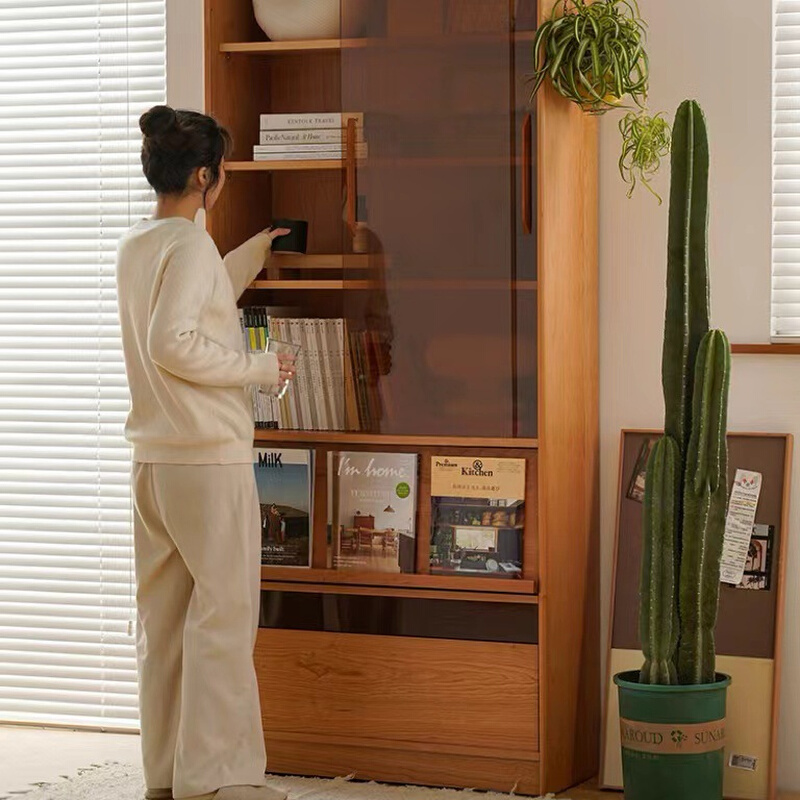 实木 书柜 带玻璃门 樱桃木复古 客厅组合 展示 柜落地 防尘 书架