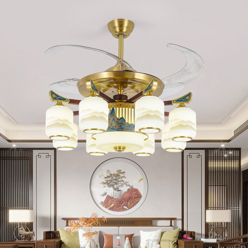 全铜新中式风扇灯隐形别墅自建房家用中国风大气餐厅客厅吊灯实木