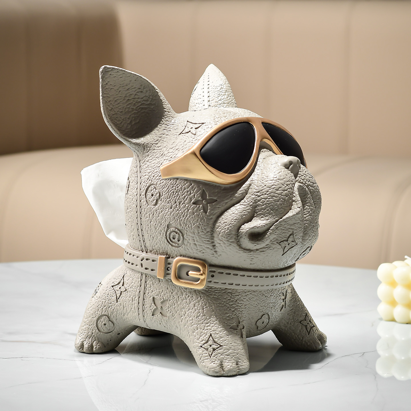 创意高级感皮纹法斗犬纸巾盒摆