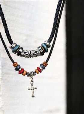 新中式异域民族风编绳项炼长款抽绳小众设计感锁骨炼覆古狼牙吊坠