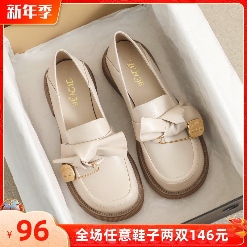 厚底小皮鞋女英伦2022春秋新款jk单鞋蝴蝶结乐福鞋大码女鞋41一43