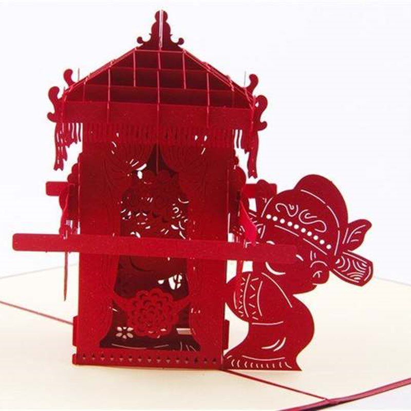 极速创意礼物婚礼请柬3D中式婚庆情人节体贺卡 结婚剪纸卡片花轿