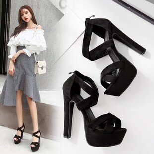 2017欧美款T台高跟女鞋14cm超高粗跟夏季凉鞋 模特走秀舞台演出鞋