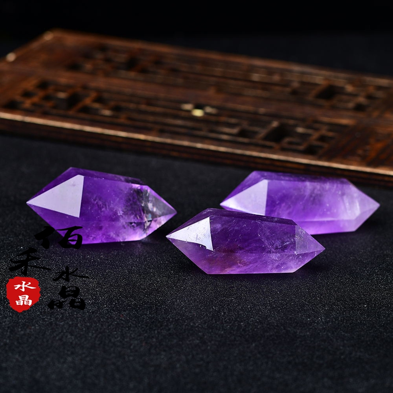 天然巴西紫水晶双尖六棱柱摆件原石能量石双尖水晶柱DIY吊坠配饰