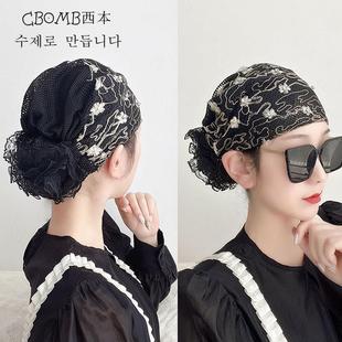 夏季新款超薄蕾丝盘花包头洋气时尚回族收碎发头套帽子女士头巾帽