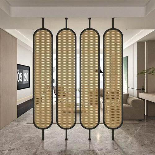 新中式藤编玻璃屏风客厅餐厅玄关入户简约现代铁艺不锈钢隔断装饰
