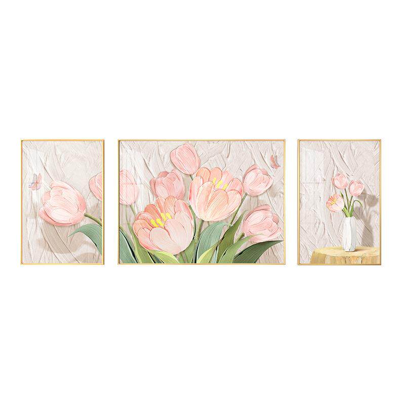 北欧沙发背景墙挂画奶油侘寂风现装饰画艺术郁金香客厅三联壁画
