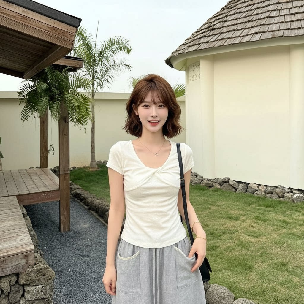 测试26夏季新款设计感V领扭结短袖T恤女夏修身显瘦白色上衣小心机