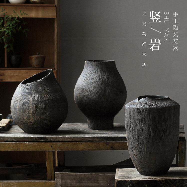 手工雕刻纹复古陶瓷台面花禅意侘寂风陶摆件干花插花粗陶装饰