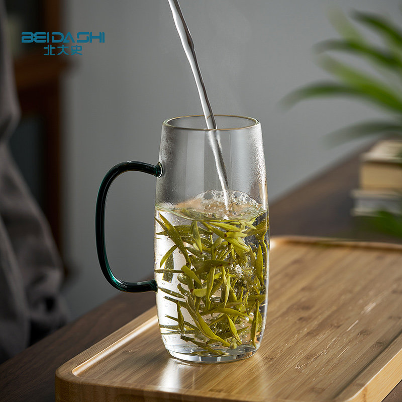北大史玻璃绿茶杯 带把手水杯 手工耐热猴魁茶杯个人会议水杯单只