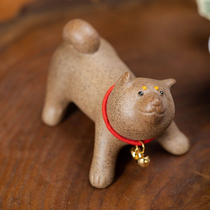 粗陶可爱柴犬小狗茶宠摆件 陶瓷生肖狗可养茶玩招财茶具配件