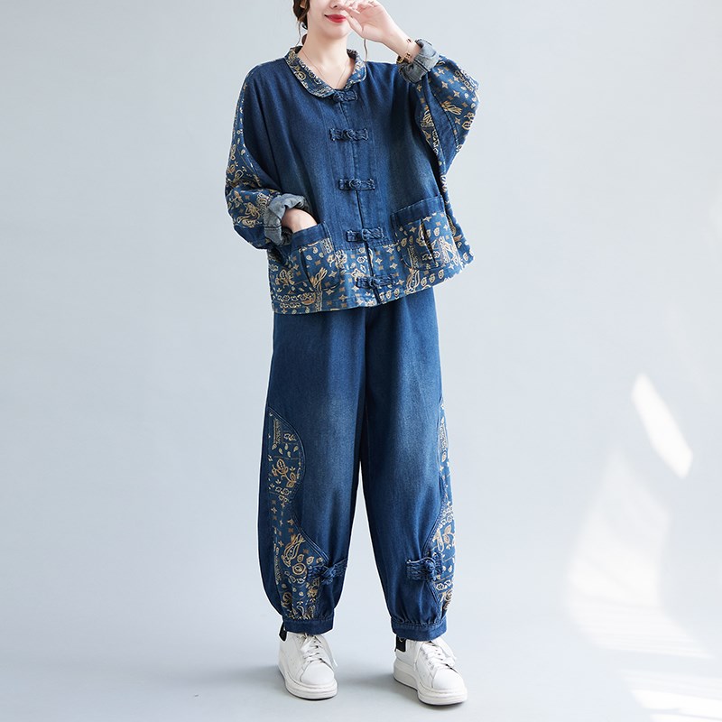 速发中年妈妈秋装气秋洋套上衣中老年装春装韩版牛仔外套裤子两件