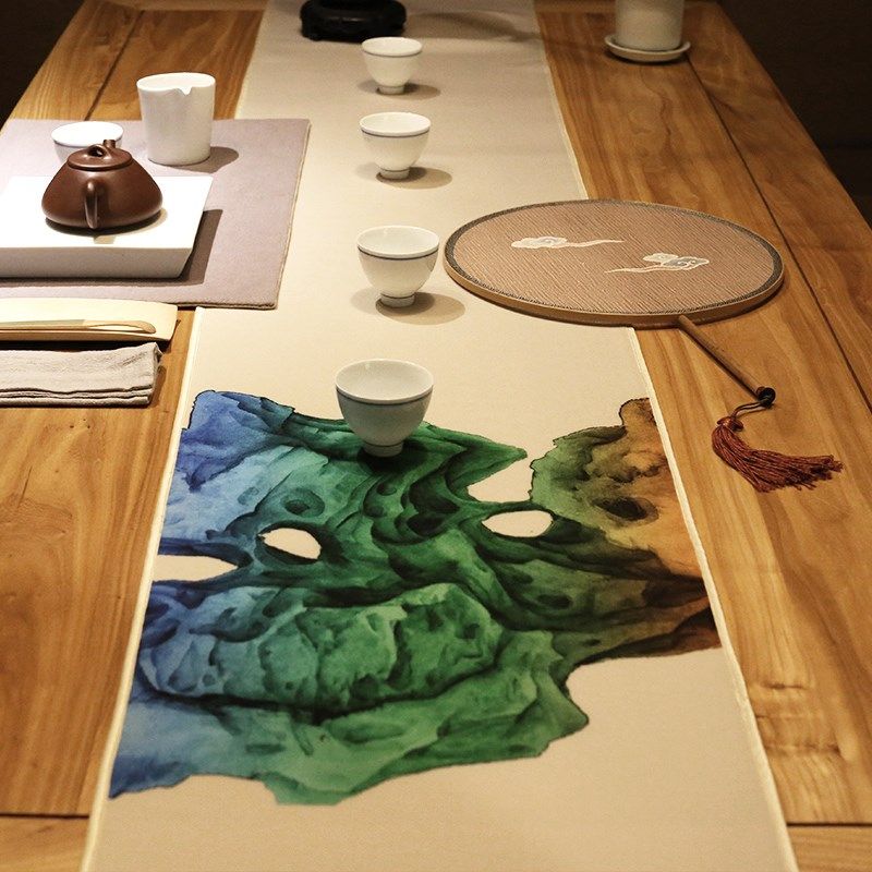 速发防水丝绸桌旗中式道意复古茶席茶旗茶桌布艺千里江山图茶禅中