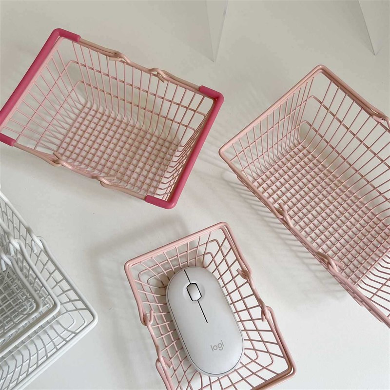 速发丝丝粉物铁艺收纳筐桌面简约白色杂物盒小色少心发圈胶带收纳