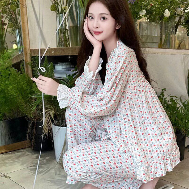 速发甜美可爱小碎花长袖睡衣春网红欧式田园风可外穿家居服套装