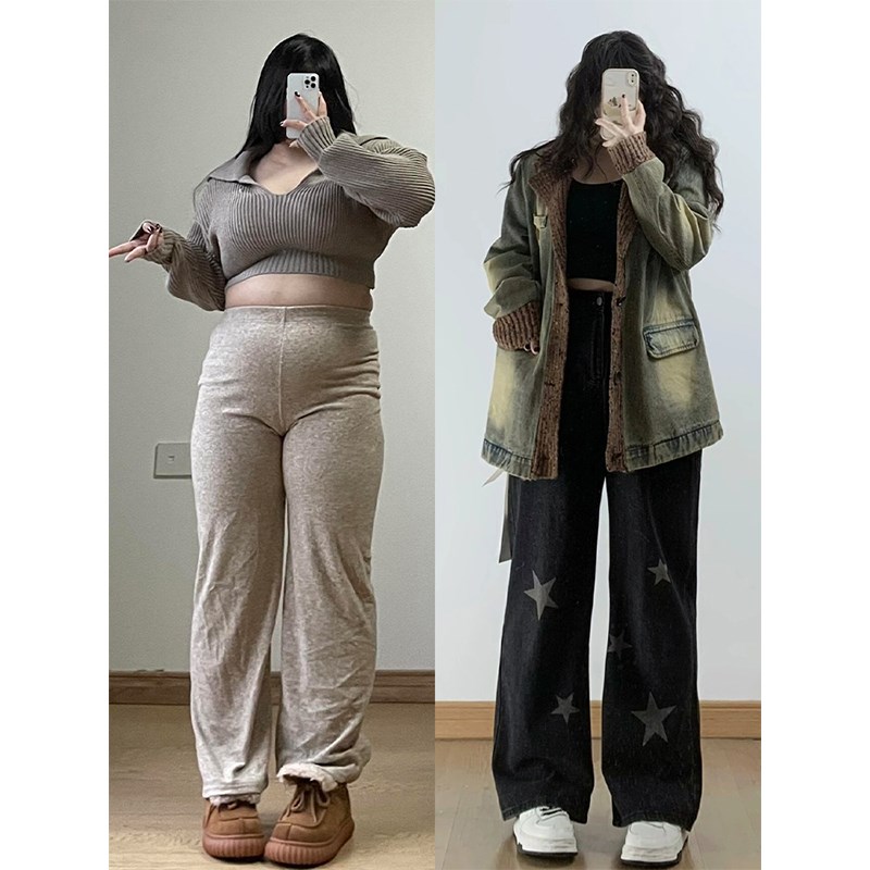 速发特星码装大星牛仔腿胖妹妹宽松黑色直筒阔裤裤子