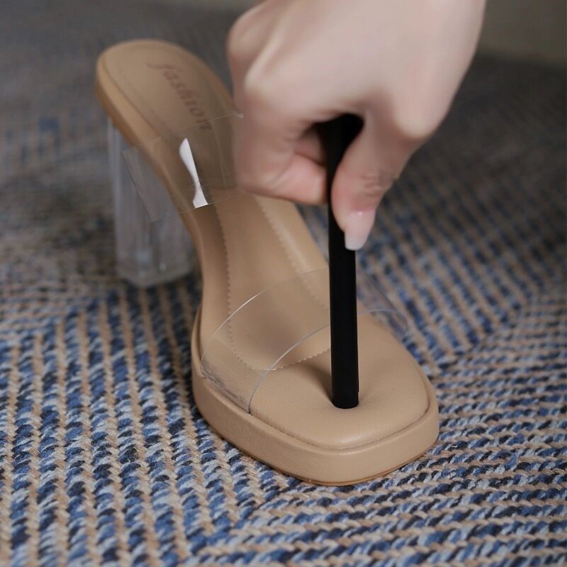 速发厚底防水台踩屎感粗拖鞋夏透穿凉跟高跟鞋软底一字带外明凉鞋