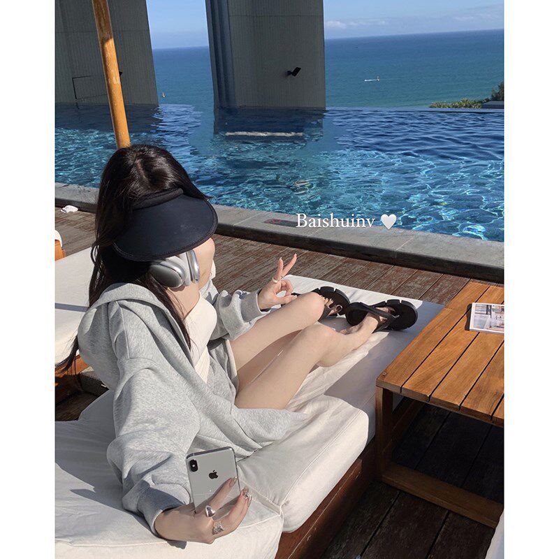 速发 水白衫灰色连帽卫衣春薄款宽松休闲慵懒风长款开花拉链上衣