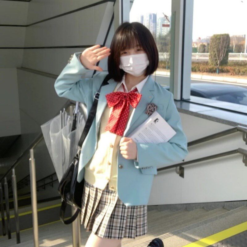 速发jk制服外套春季学院风薄荷绿校供感西服上衣百褶短裙套装