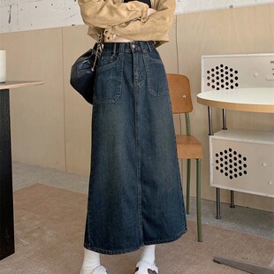 速发大码抓仔加厚牛绒半身裙秋冬季高中开叉腰长款a字包臀裙