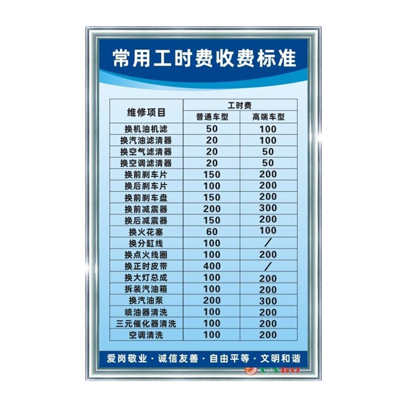 速发常用工时车收费标准 汽4修理厂车S店修费修理价目表标语上墙