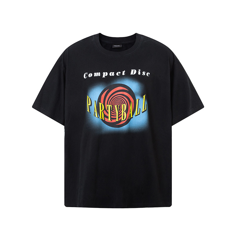 thumbnail for CompactDisc Summer Short Sleeve Heavy T-Shirt American Short Sleeve Men's Band Vintage Loose Wash Distressed Short Sleeve