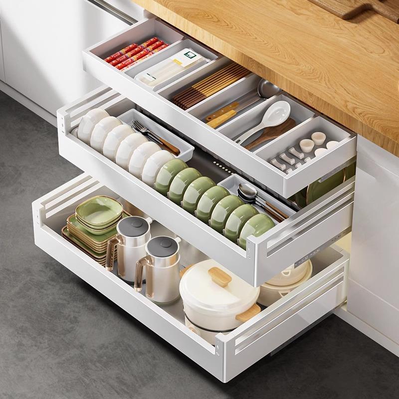 拉篮厨房橱柜奶油白抽屉式碗篮调味架收纳内置厨柜碗柜碗碟架