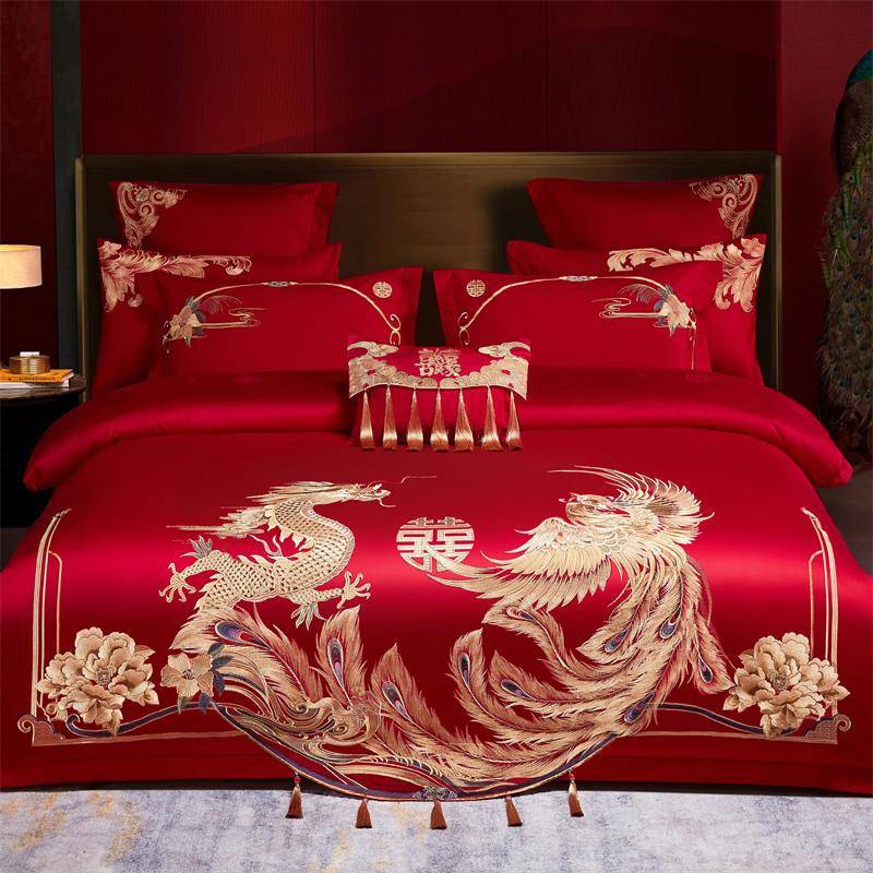 中式龙凤结婚床品四件套100全棉纯棉喜被婚庆大红色长绒棉被套