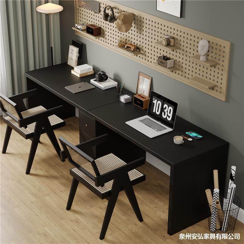 黑色实木书桌3米超长双人写字桌家用电脑桌卧室简易办公桌带柜子