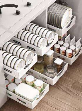 厨房收纳架子储物家用橱柜置物架抽拉式橱柜轨道拉篮抽屉滑轨浴室