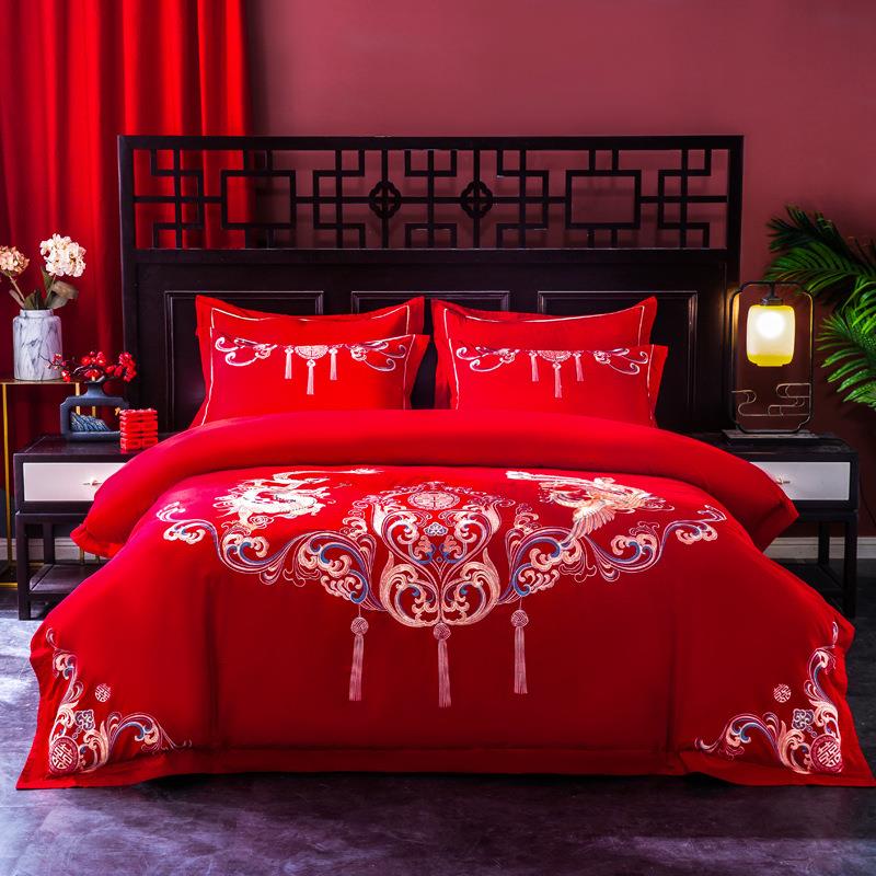 婚庆80支长绒棉四件套纯棉刺绣床上用品结婚喜庆多件套床单床盖