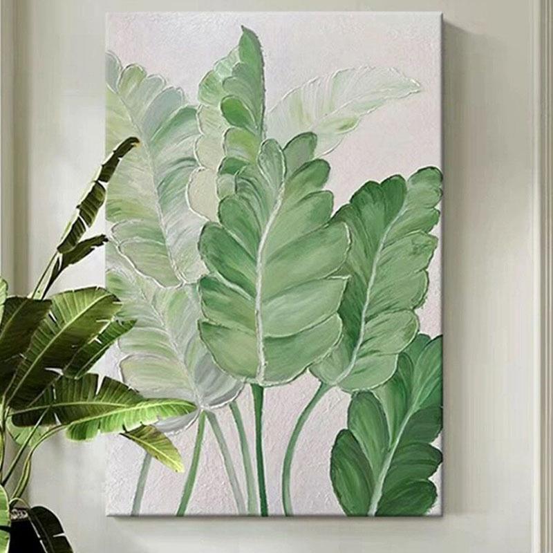 大叶有成纯手绘油画大芬村厚肌理客厅装饰画落地芭蕉叶绿植玄关画