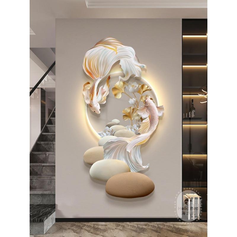 好运锦鲤入户玄关装饰画石来运转寓意好发光挂画走廊过道壁画带灯