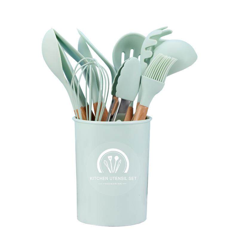 彩色木柄硅胶厨具11件套装不粘锅烹饪勺铲收纳桶装厨房用具12件套