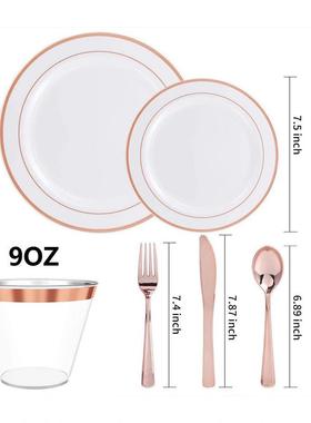 150PCS硬塑料PS仿瓷西餐金色镂空盘金一次性餐盘刀叉勺晚餐碟套装