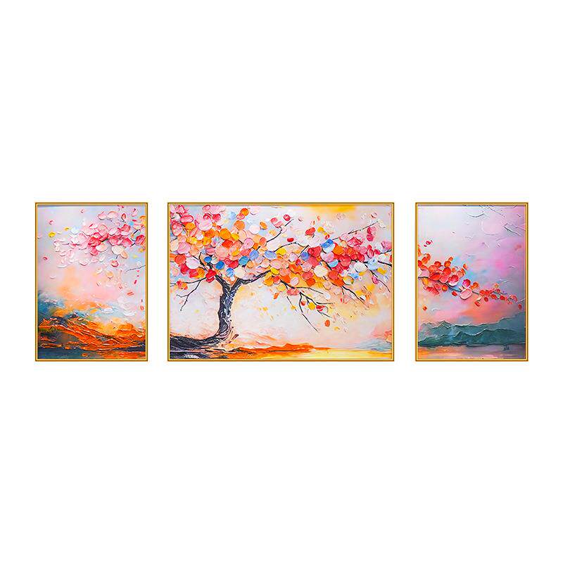 发财树客厅装饰画奶油风手绘油画沙发背景墙三联挂画立体肌理壁画