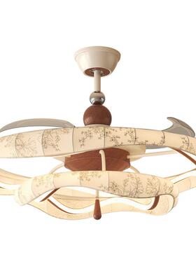 客厅扇风灯中古美风胡桃木色高级感宋氏布艺智能变频餐学厅吊扇灯