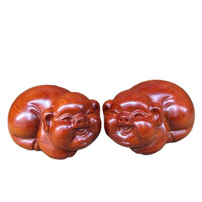 梨实木雕刻福肖气猪摆件木头根雕十花二生0190猪红木质工家居装饰