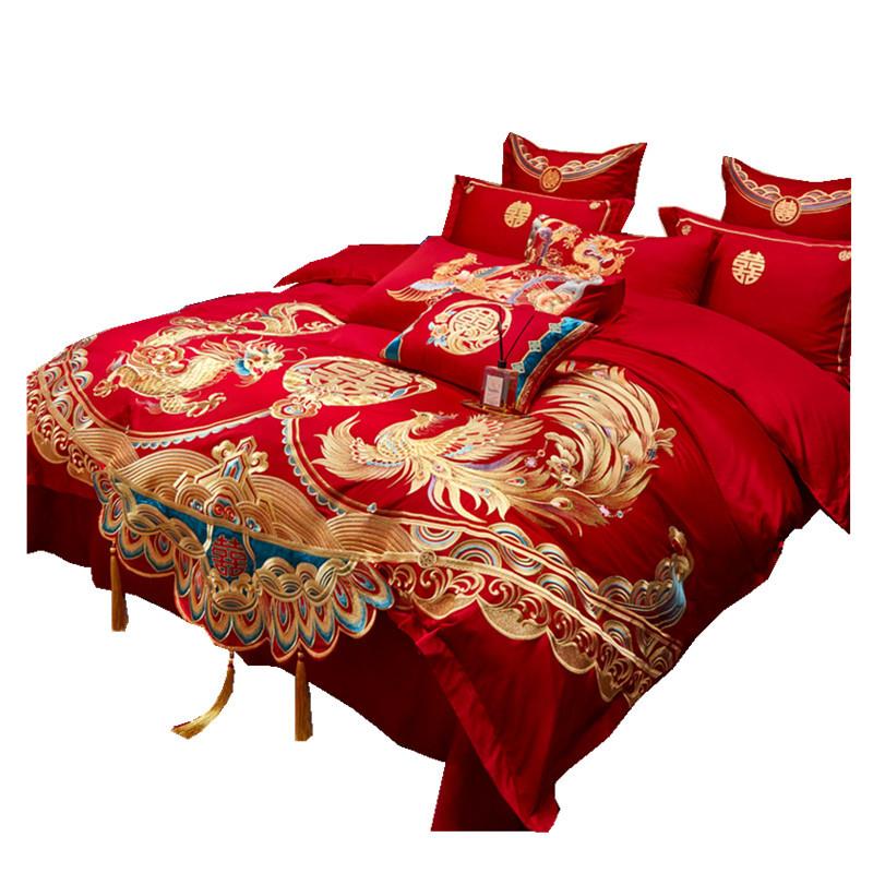 纯款简约婚全新棉绣花婚庆四件套大红棉刺绣新床品龙凤被DH刺绣-0
