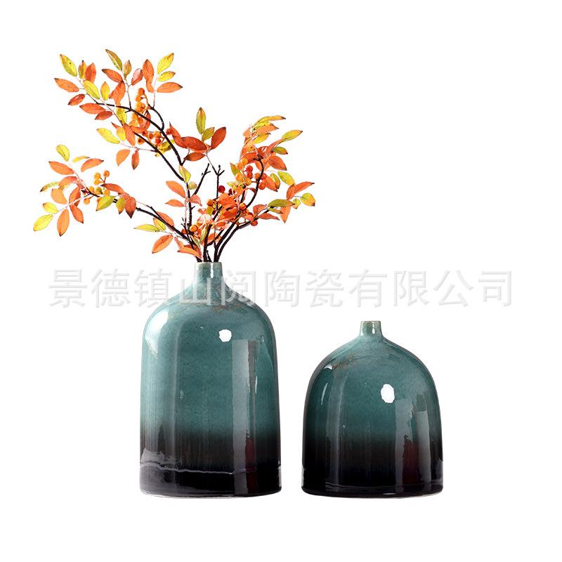 新中式样板间桌面摆花花瓶翡翠绿釉花樽插花器陶瓷饰品摆设