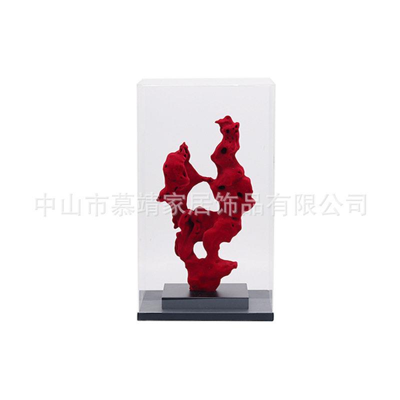 创意新中式现透明罩子红色太湖石摆件客厅茶几书桌玄关家居饰品