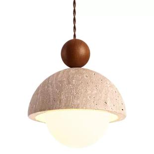 奶油风卧室床头胡桃木色吊灯日式 侘寂民宿餐厅吧台黄洞石吊线灯具