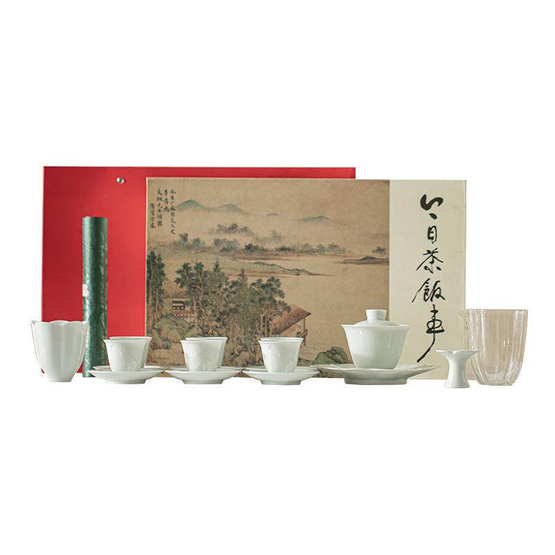 如愿影青大套组家用陶瓷盖碗茶杯茶碟茶席功夫茶具套装礼品礼盒装