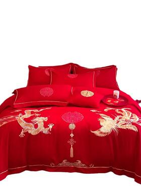 204新款亲肤棉红大刺绣2婚庆四HQL-婚庆件床套单床笠款结婚回礼喜
