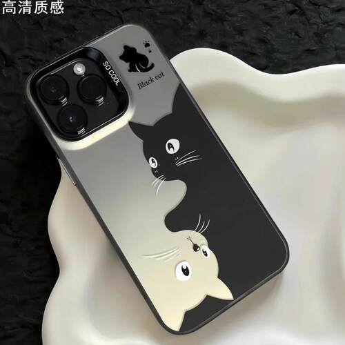 卡通黑白猫咪适用15pro手机壳iPhone14plus感131211萌宠max10情侣