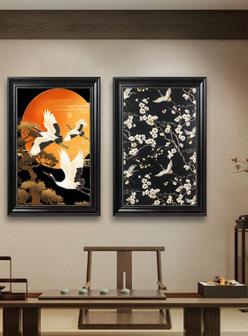 中古风黑框仙鹤新中式松鹤梅花玄关挂画复古雕花框客厅壁画