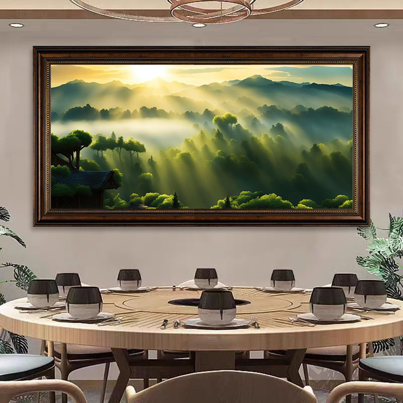新中式山景风光图装饰画办公室复古靠山图壁画酒店餐厅背景墙挂画