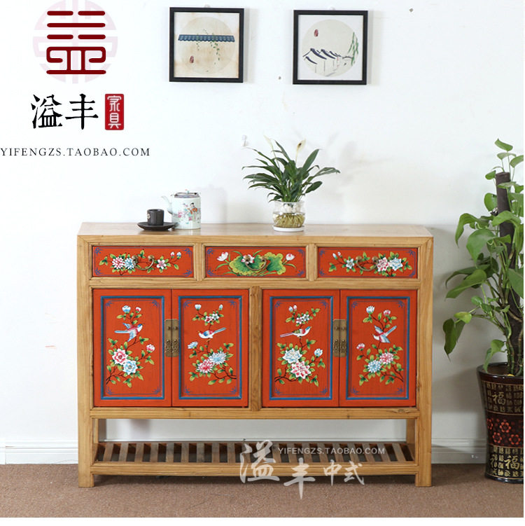 现代新中式古典实木彩绘鞋柜做旧复古手绘玄关柜隔断储物门厅家具