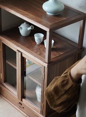 极速新中式实木飘窗阳台茶柜茶室家具柜席地榻榻米储物柜收纳展示