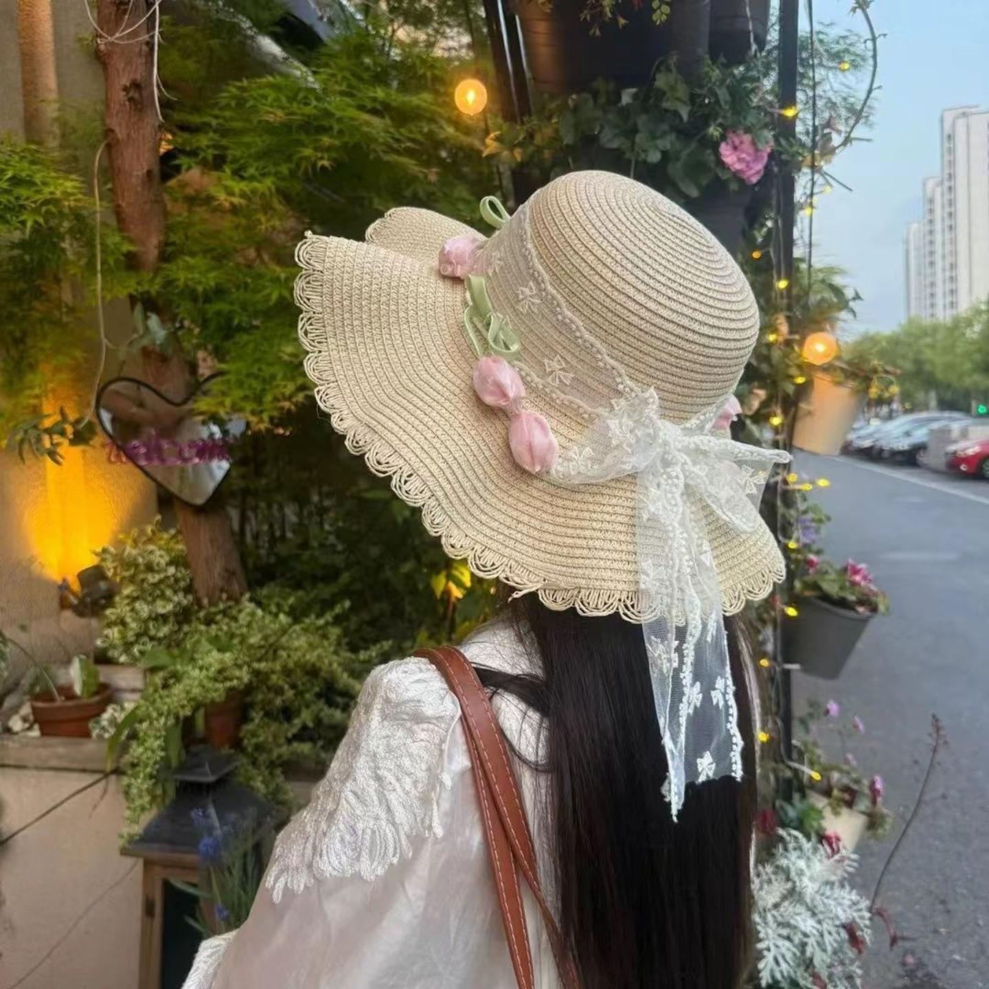度假帽子郁金香蕾丝边草帽女夏